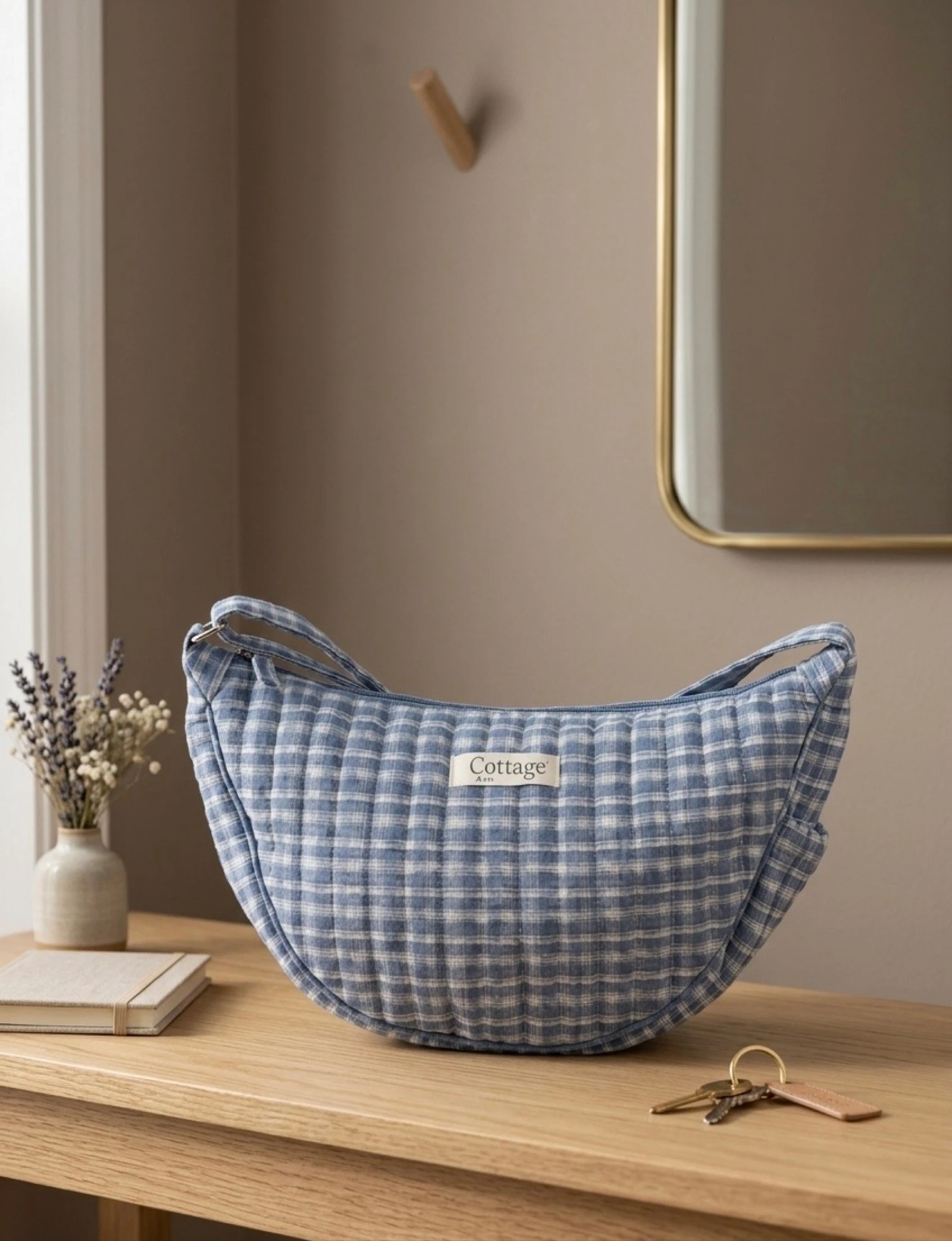Sac Lune 100% Coton Matelassé Collection Cottage & Bag / Modèle Carreaux Bleu Clair